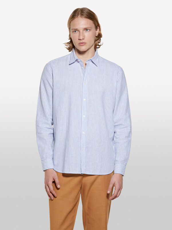 Camisa em mistura de linho azul-claro às riscas - camisas regular para homem | Sisley
