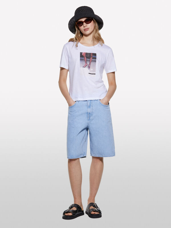T-shirt branca com estampado fotográfico - t-shirt de manga curta para mulher | Sisley