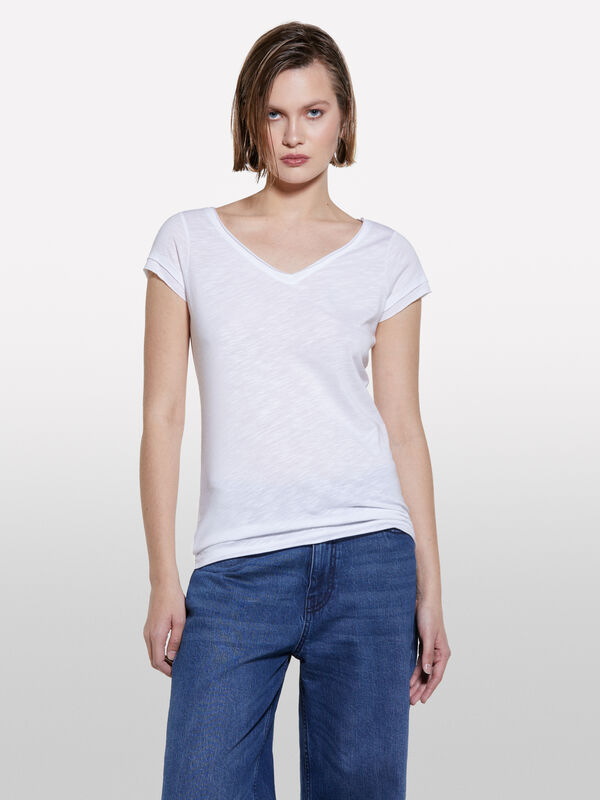 T-shirt decote em V branco - t-shirt de manga curta para mulher | Sisley