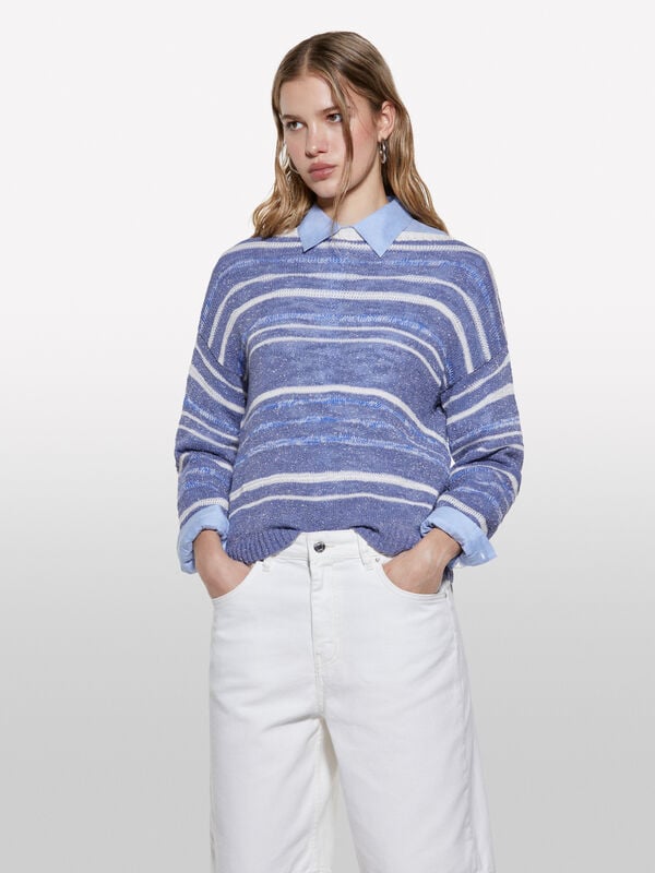 Camisola azul-claro às riscas com lurex - camisolas decote à barco para mulher | Sisley