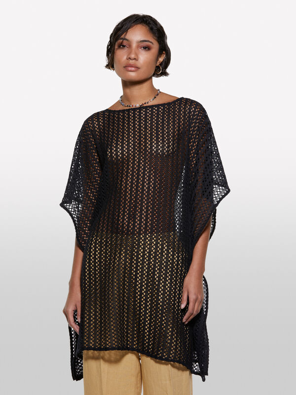 Kaftan preto em crochê  - vestidos curtos para mulher | Sisley