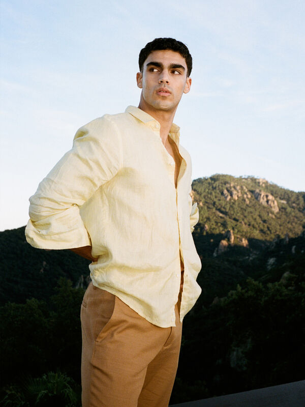 Camisa amarela 100% linho - camisas regular para homem | Sisley