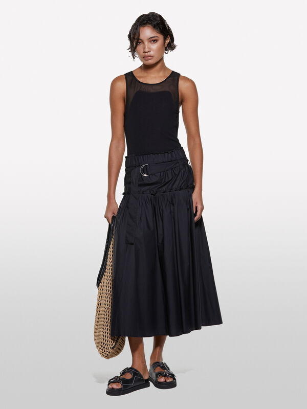 Saia evasé preta com cinto - saias midi, longuette mulher | Sisley