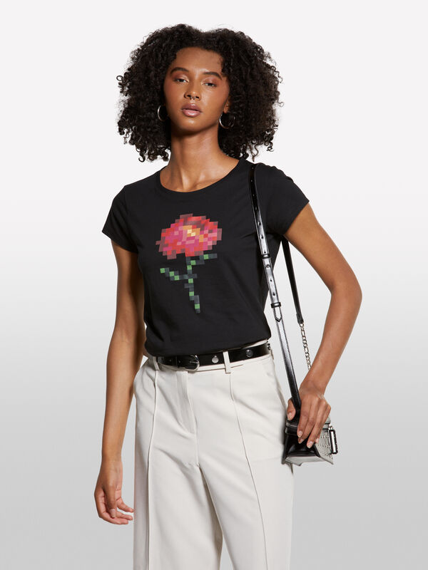 T-shirt preta com estampa de flor - t-shirt de manga curta para mulher | Sisley