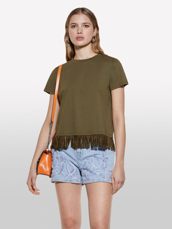 T-shirt verde militar com franjas na base - t-shirt de manga curta para mulher | Sisley