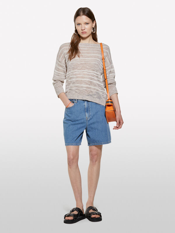 Camisola bege às riscas com lurex - camisolas decote à barco para mulher | Sisley
