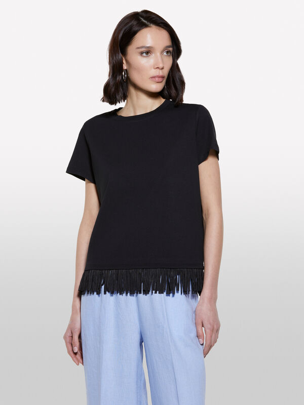 T-shirt preta com franjas na base - t-shirt de manga curta para mulher | Sisley