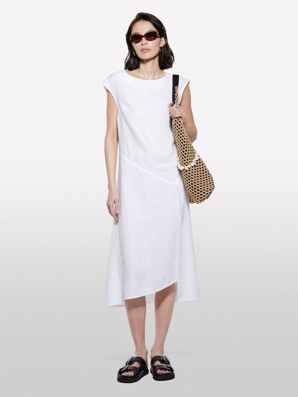 Vestido branco em 100% linho - vestidos midi para mulher | Sisley
