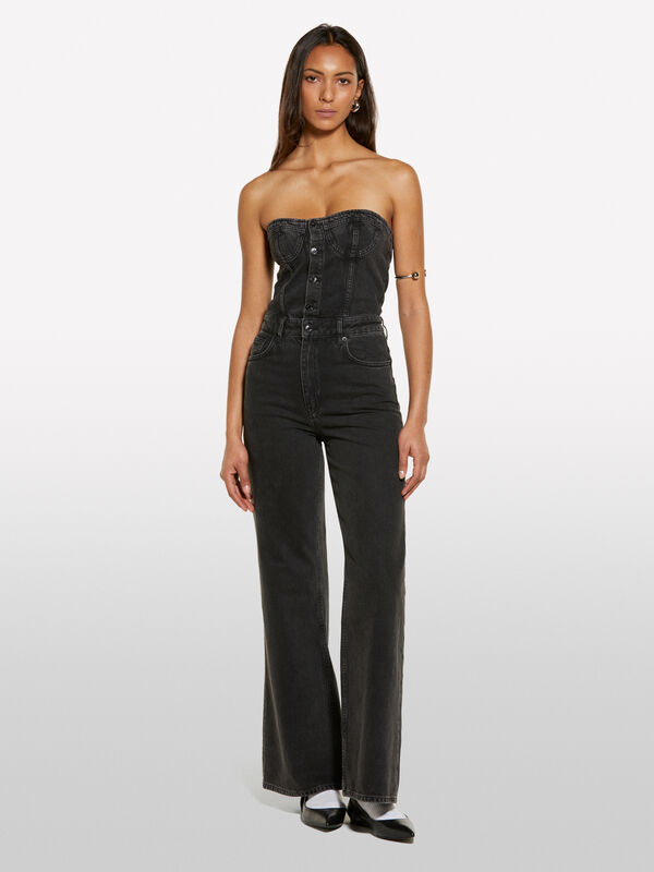 Macac&atilde;o bustier de jeans preto - macac&otilde;es jumpsuits para mulher | Sisley