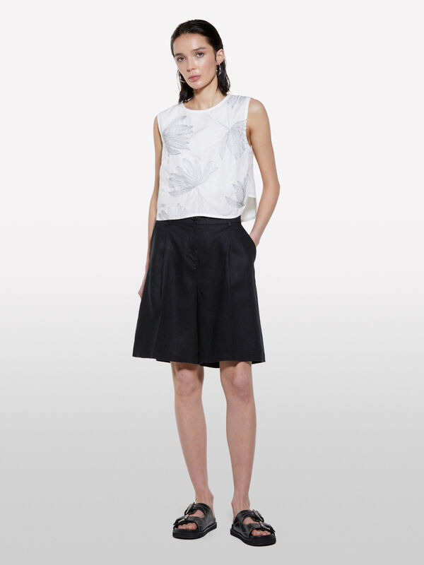 Bermudas pretas em 100% linho - calças calções para mulher | Sisley