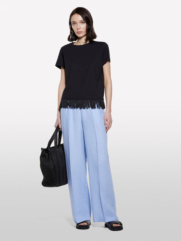 T-shirt preta com franjas na base - t-shirt de manga curta para mulher | Sisley
