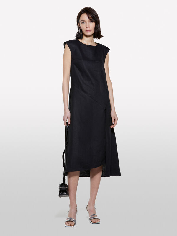 Vestido preto em 100% linho - vestidos midi para mulher | Sisley