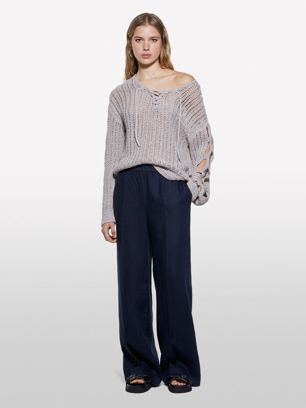 Calças azul-escuro flare fit em 100% linho - calças palazzo para mulher | Sisley