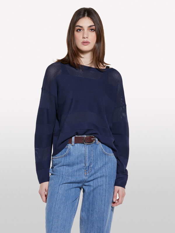 Camisola azul-escuro com decote à barco - camisolas decote à barco para mulher | Sisley