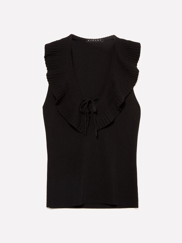 Top preto de malha com folhos - tops para mulher | Sisley