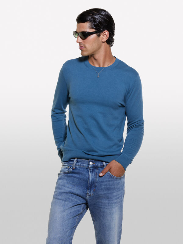 Camisola cor sólida azul - camisolas gola redonda para homem | Sisley