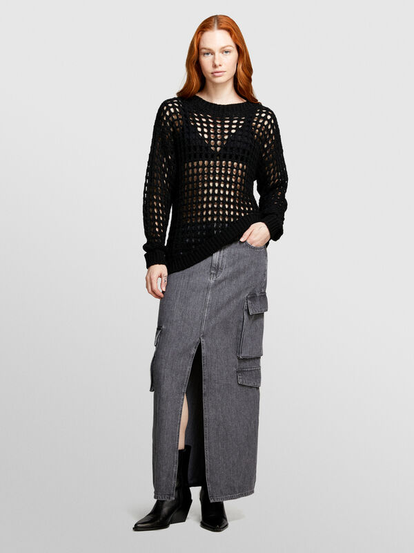 Camisola perfurada preta - camisolas gola redonda para mulher | Sisley