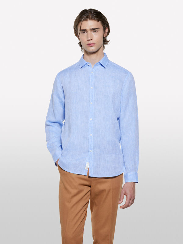 Camisa azul-claro em 100% linho - camisas regular para homem | Sisley