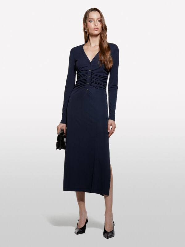 Vestido azul-escuro com racha - vestidos compridos para mulher | Sisley