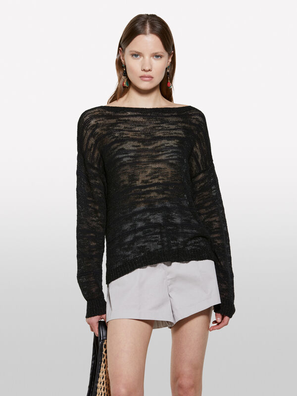 Camisola preta às riscas com lurex - camisolas decote à barco para mulher | Sisley