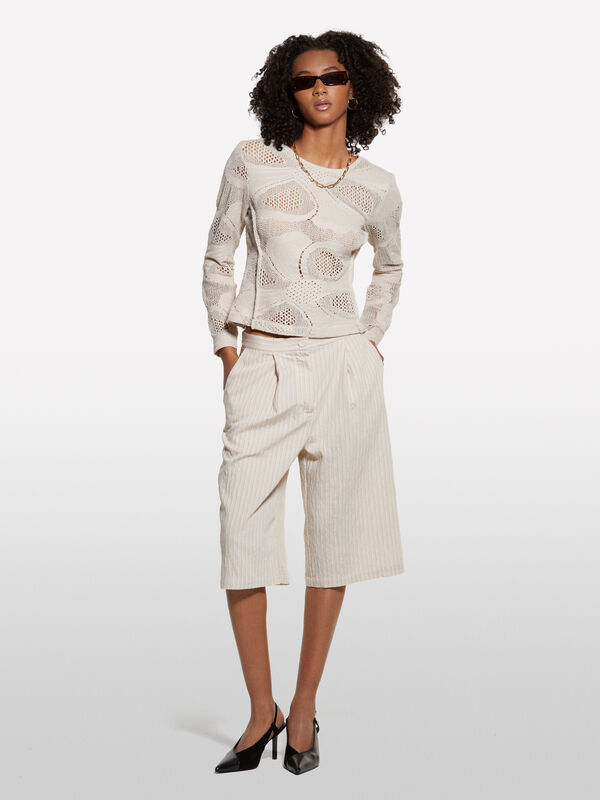 Bermudas branco nata riscadas - calças calções para mulher | Sisley