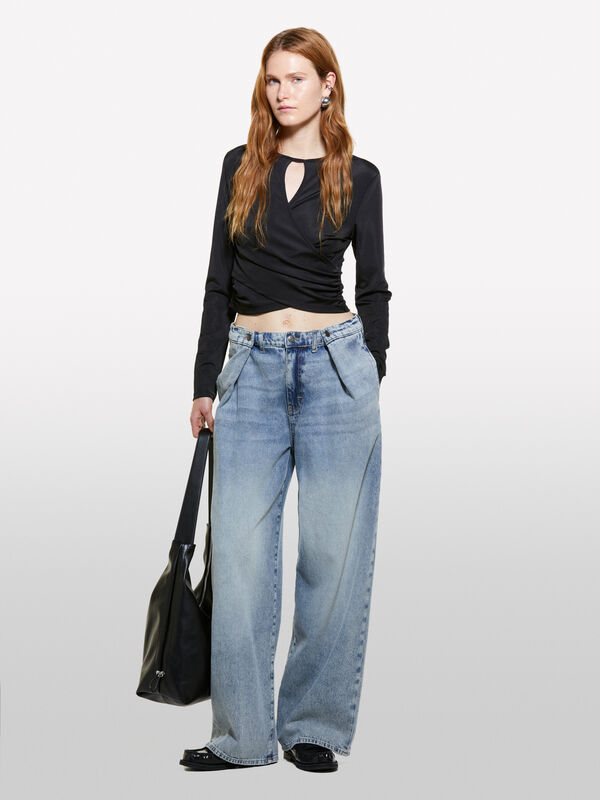 Jeans azul wide leg com pregas - jeans palazzo para mulher | Sisley