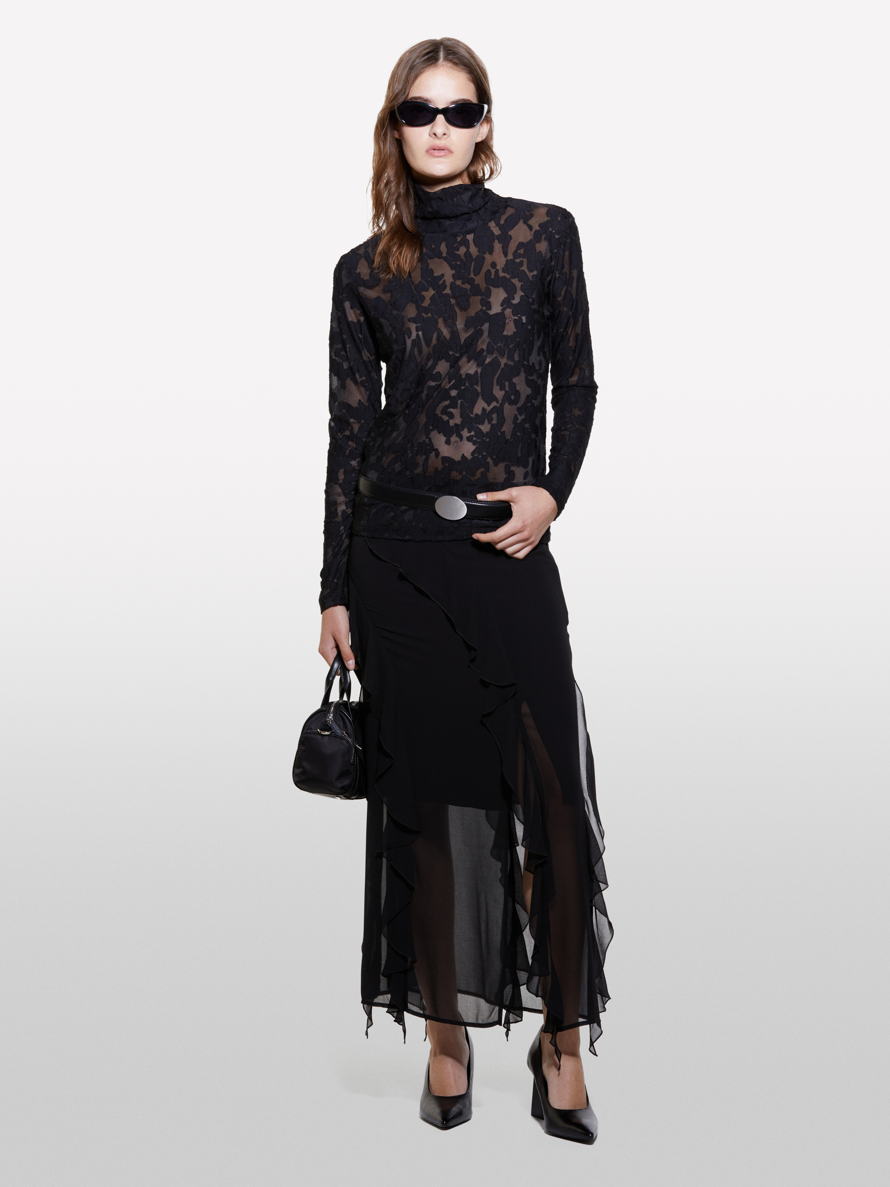 Sisley - Pull Noir À Col Montant En Fil Coupé, Femme, Noir, Taille: XS