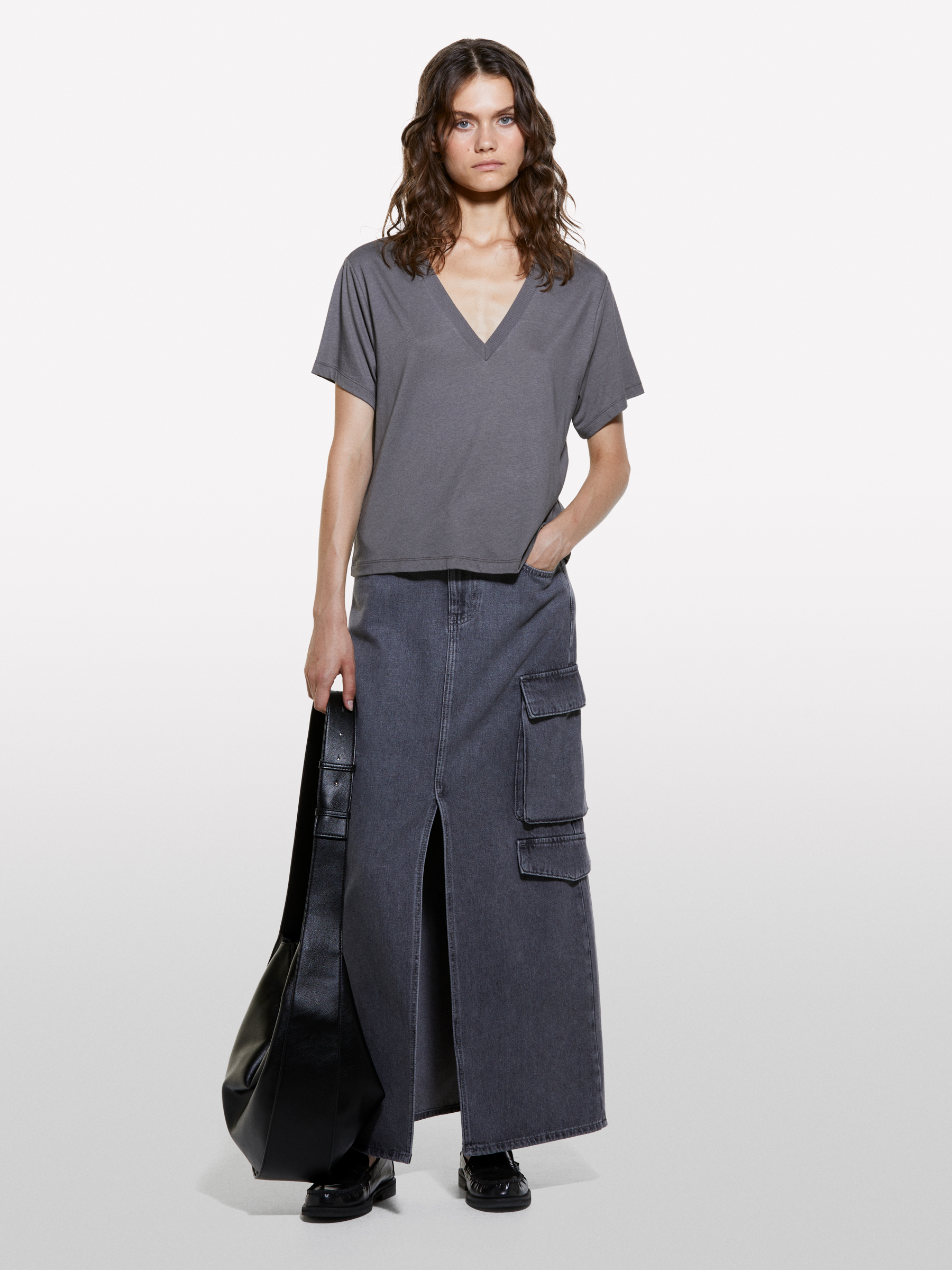 Sisley - T-shirt Gris Foncé À Col En V, Femme, Gris Foncé, Taille: XS