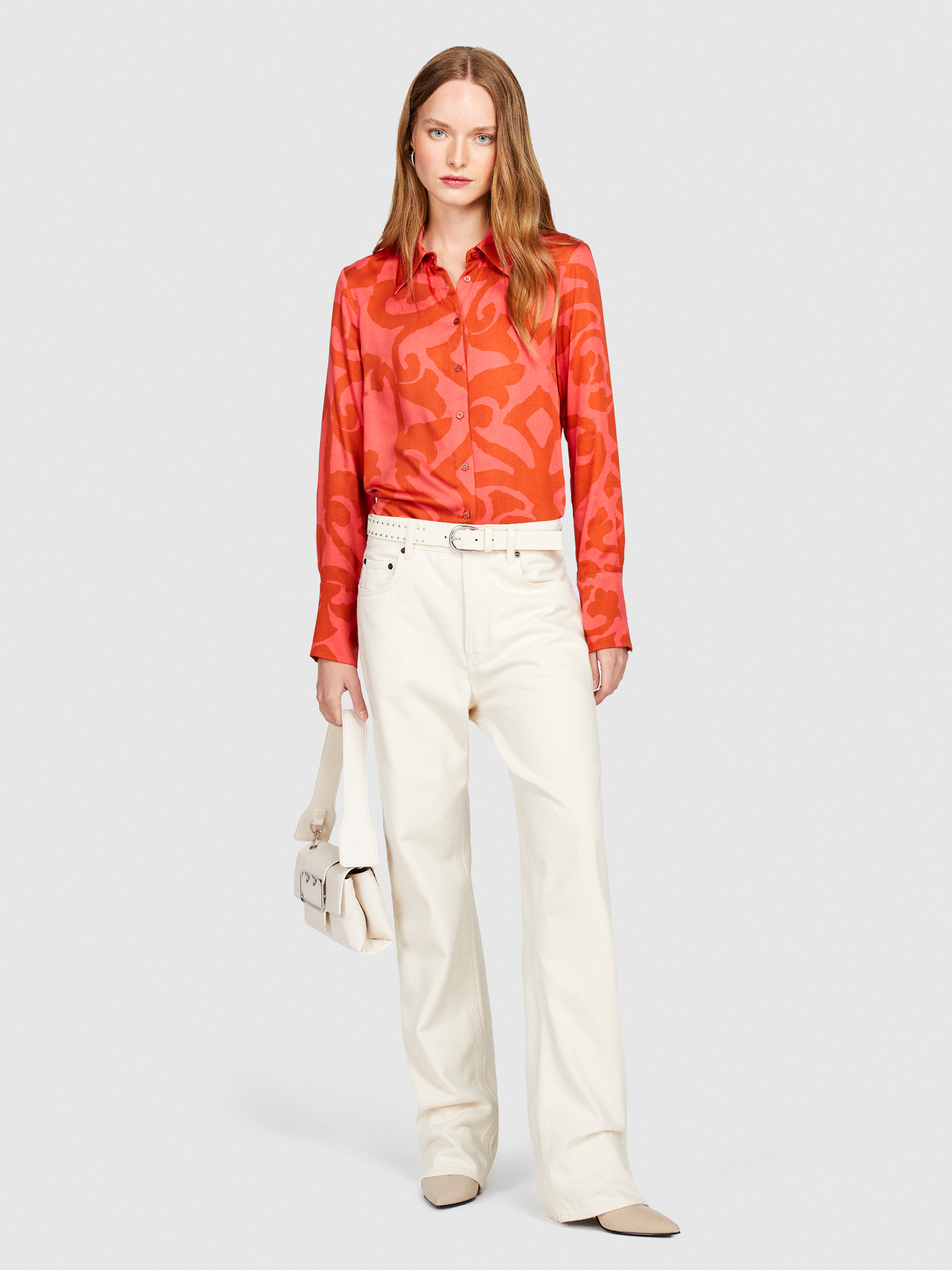 Sisley - Printed Shirt In Satin, Woman, Coral, Size: XS