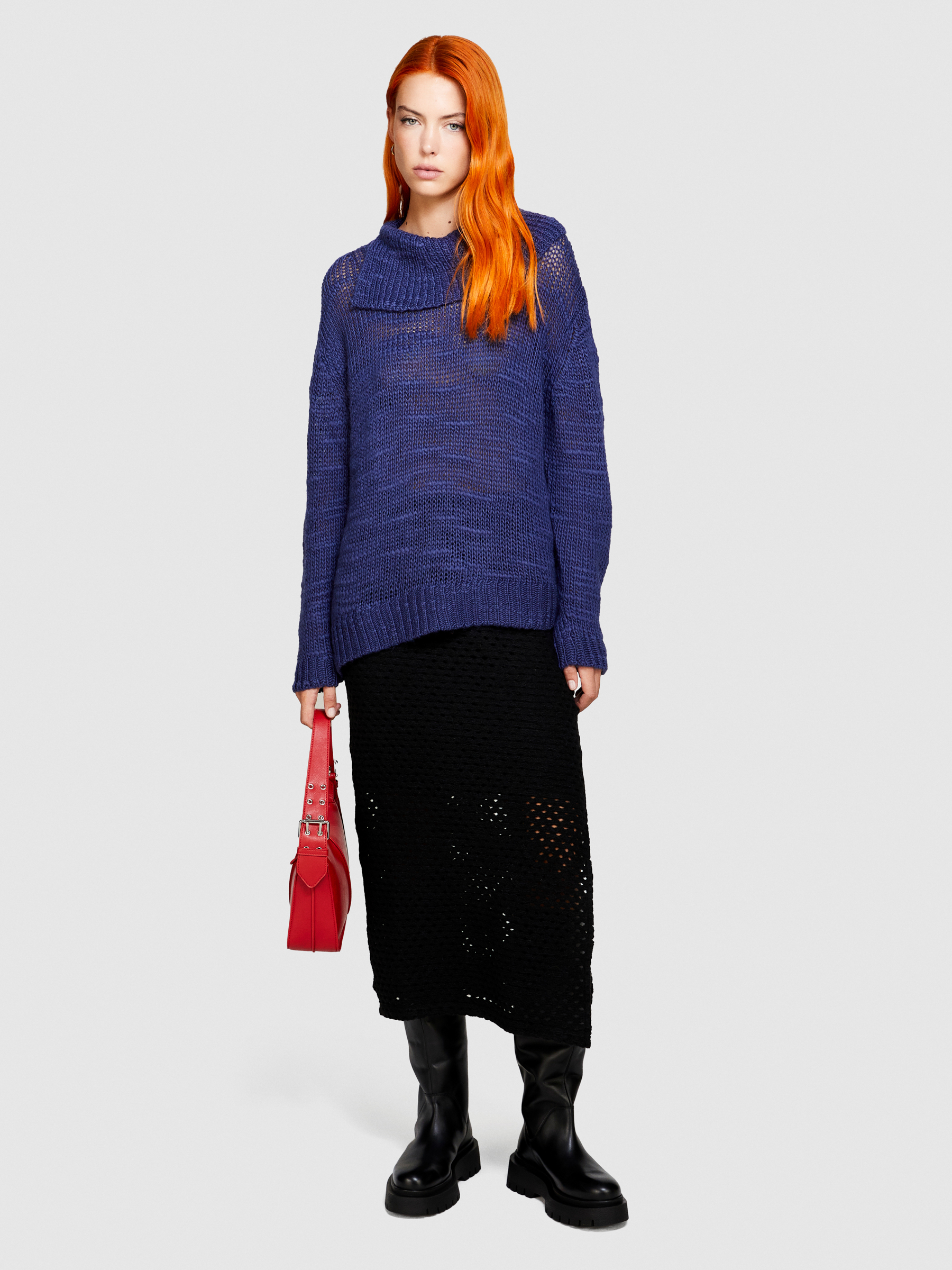 Sisley - Sweater With Slit, Woman, Dark Blue, Size: L