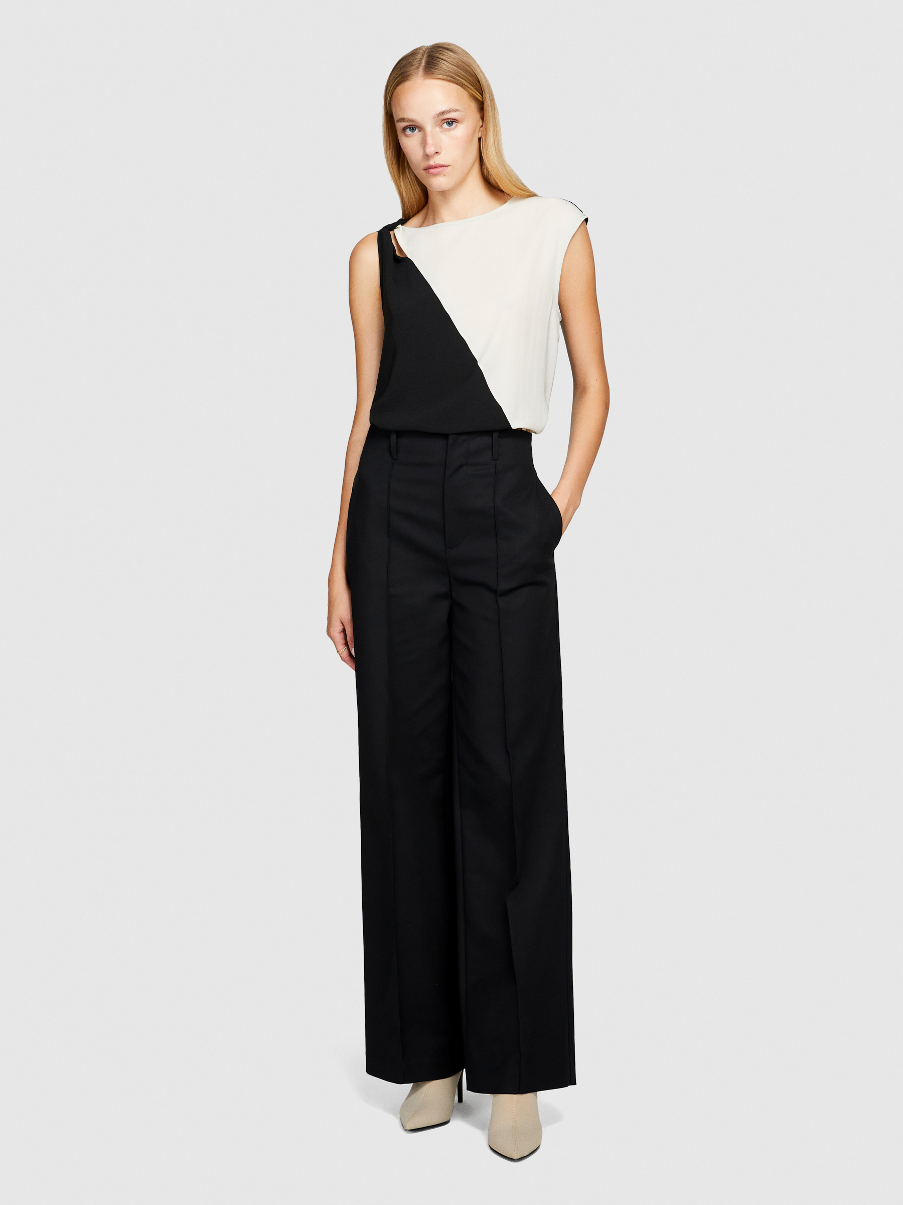 Sisley - High-waisted Satin Trousers, Woman, Black, Size: 46