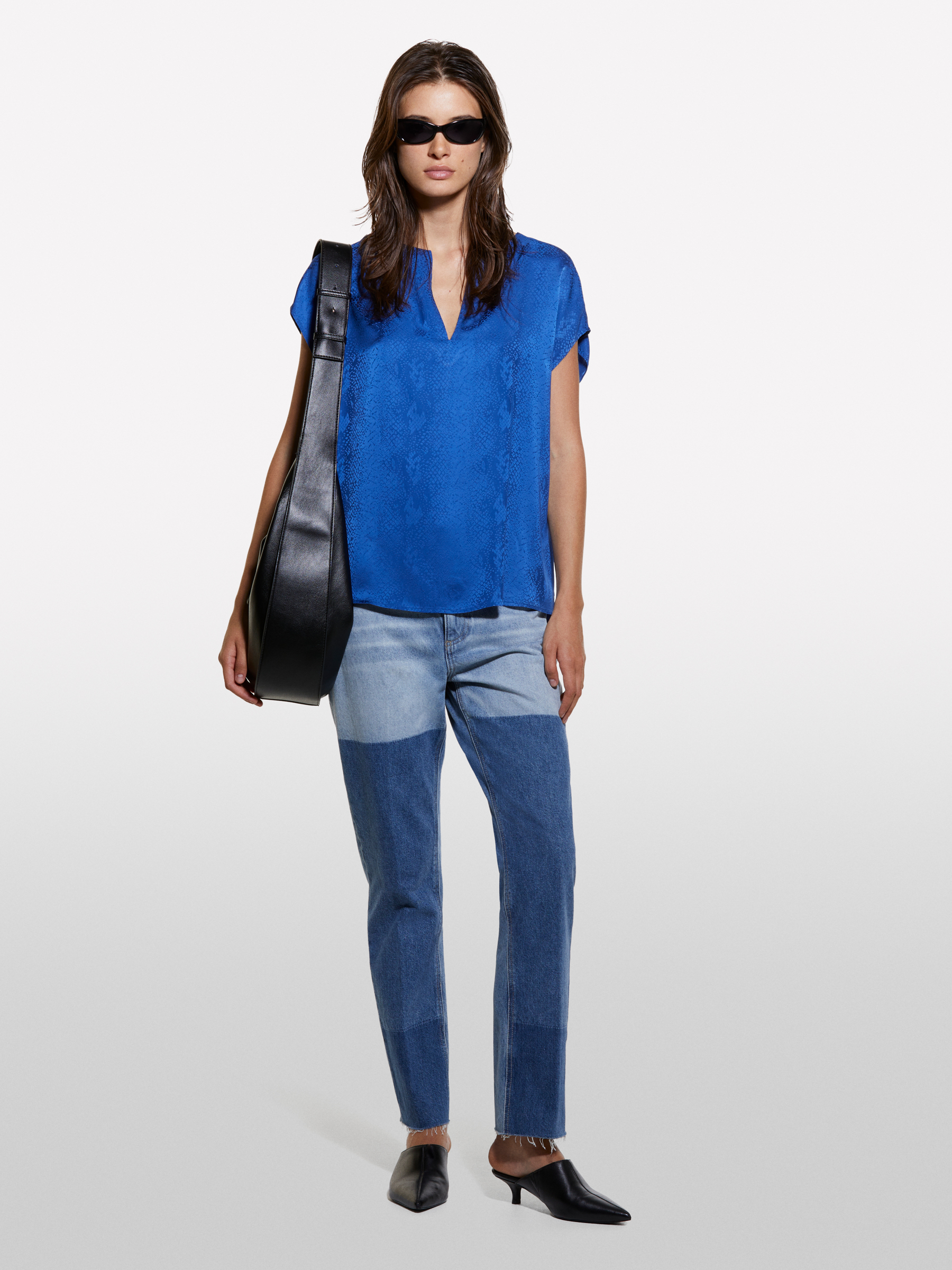 Sisley - Blouse Jacquard Bleue, Femme, Bleu Foncé, Taille: XS