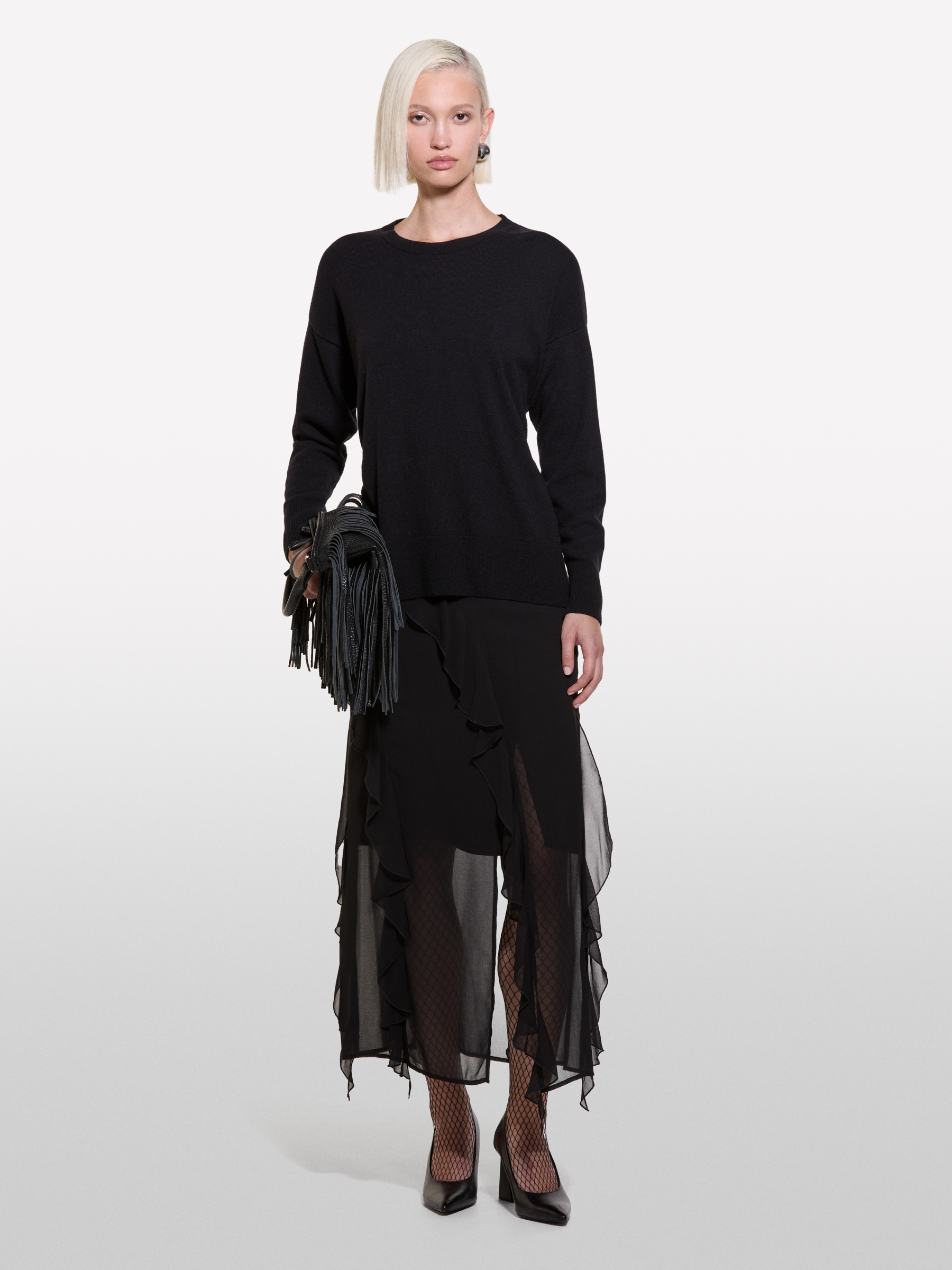 Sisley - Pull Noir À Col Rond En Laine Mélangée, Femme, Noir, Taille: XS