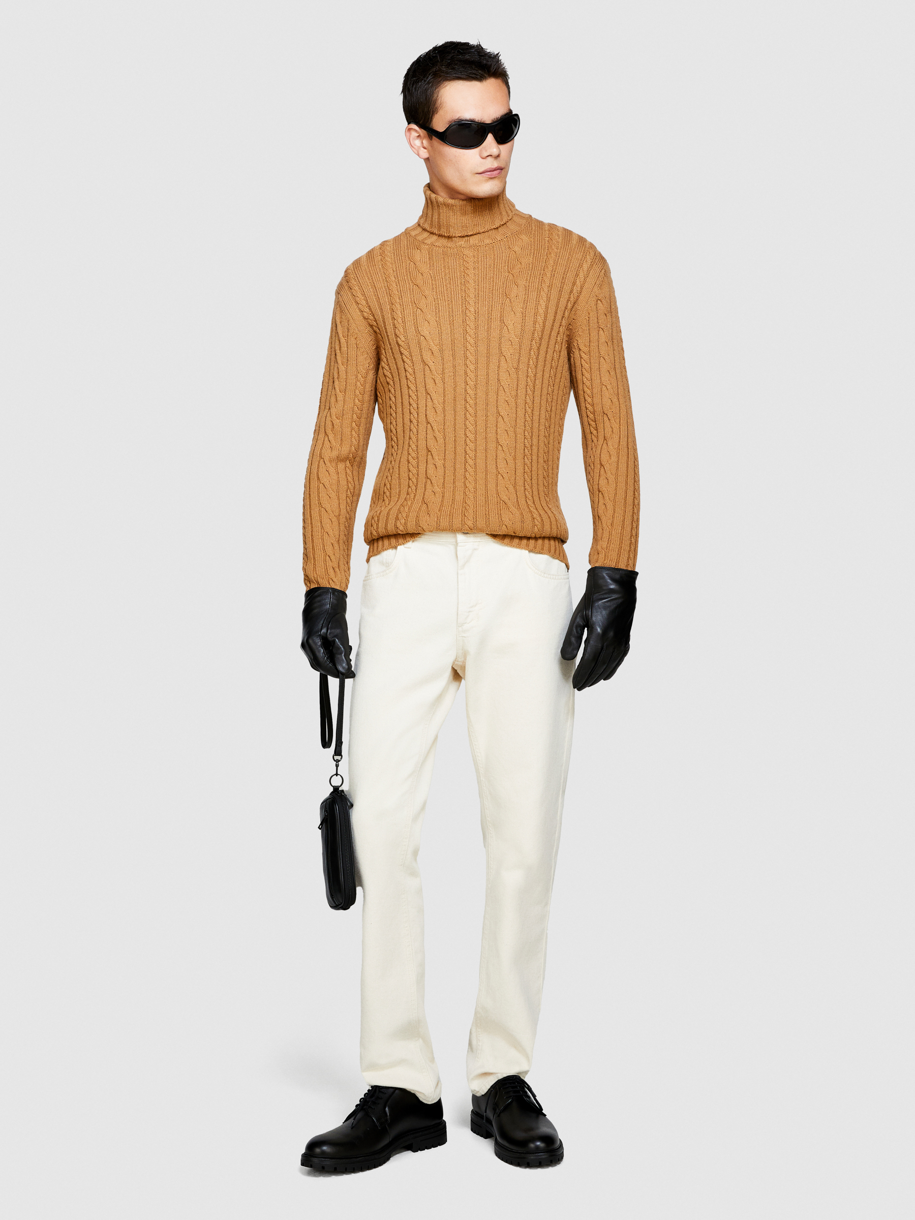 Sisley - Ribbed Cable Knit Sweater, Man, Camel, Size: EL