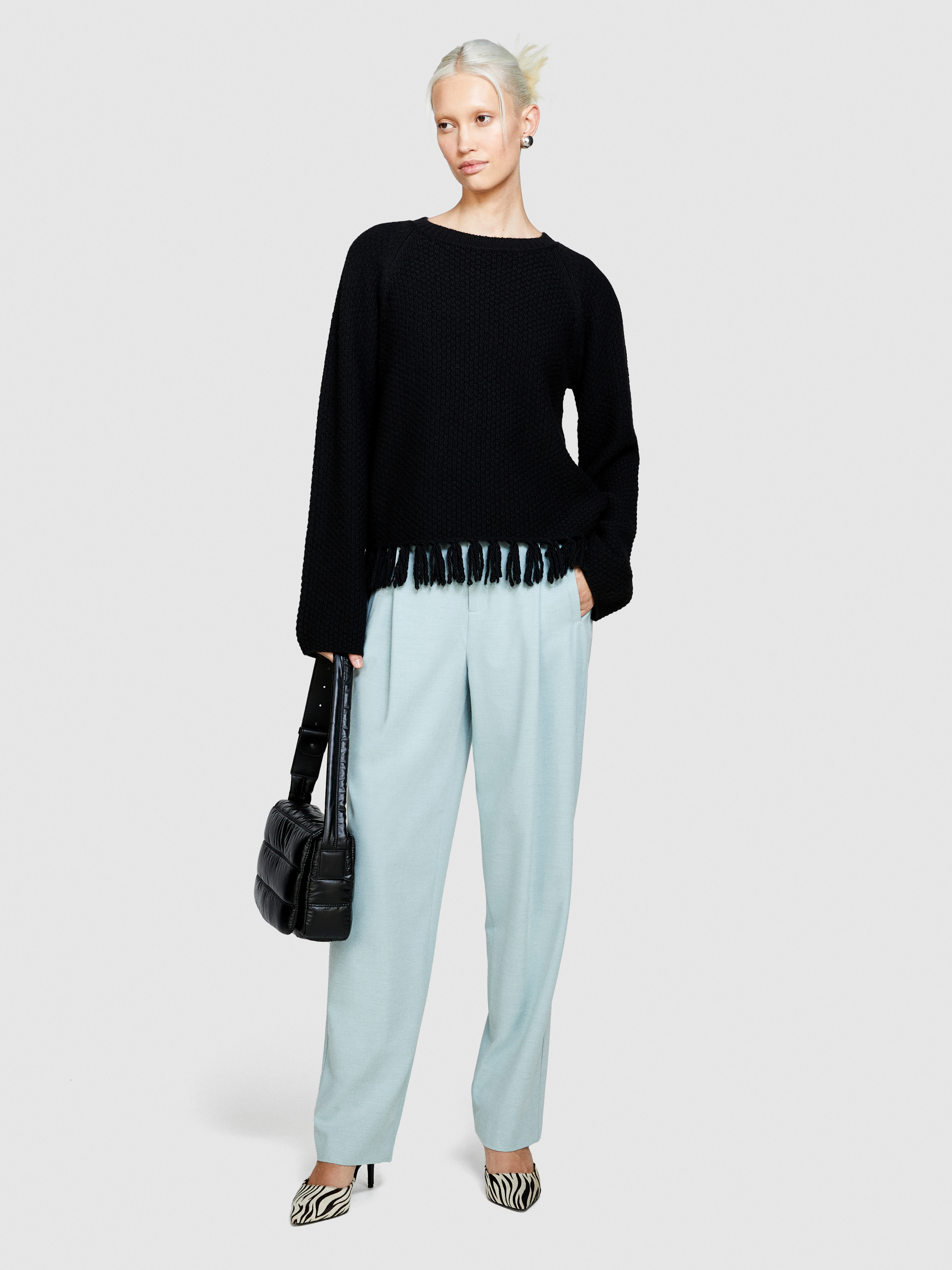 Sisley - Sweater With Fringe, Woman, Black, Size: L