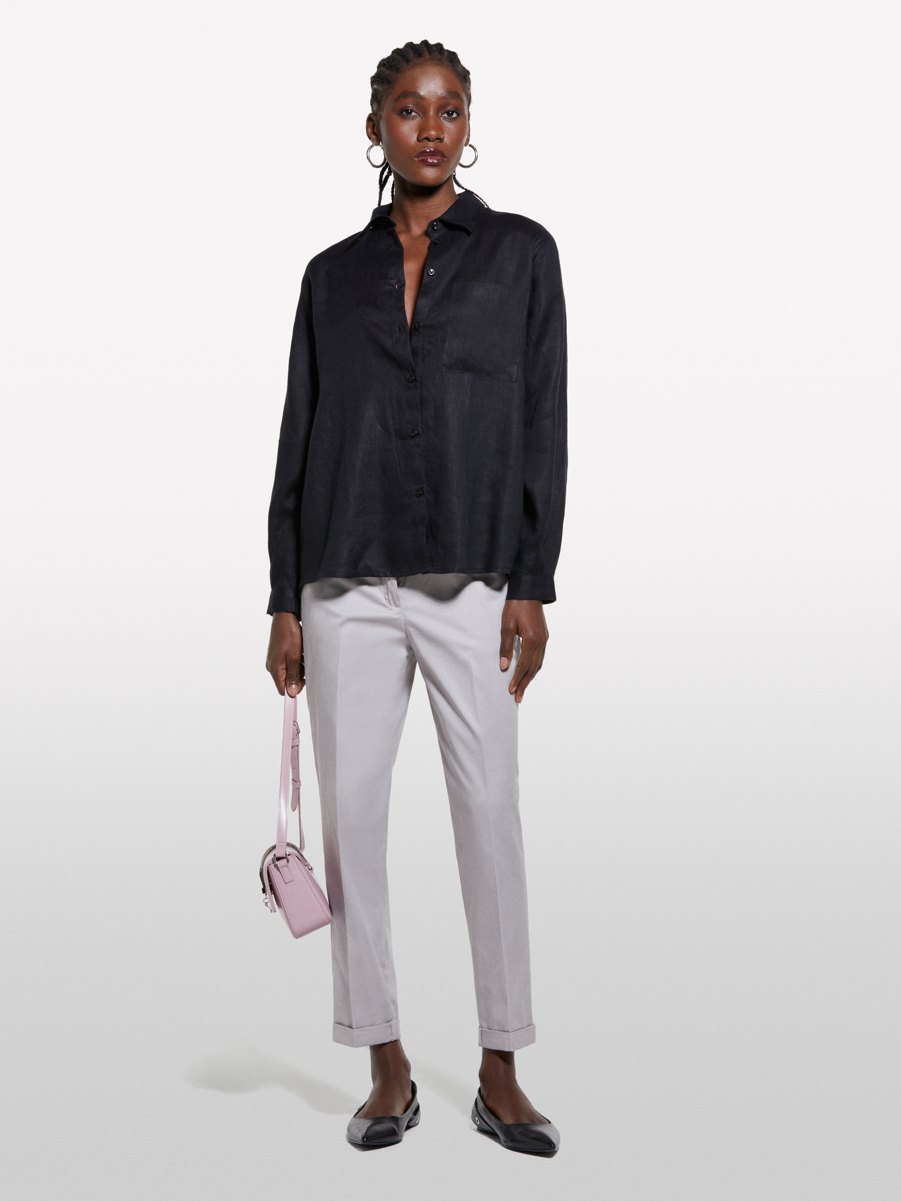 Sisley - Black Shirt In 100% Linen, Woman, Black, Size: M