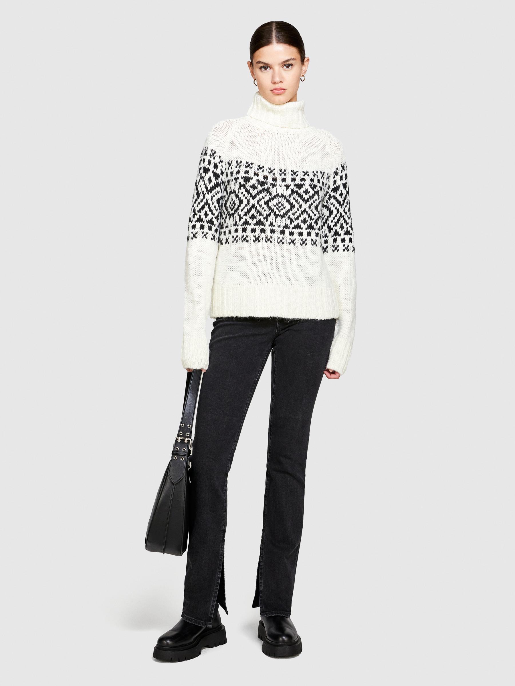 Sisley - Jacquard Turtleneck Sweater, Woman, Creamy White, Size: L