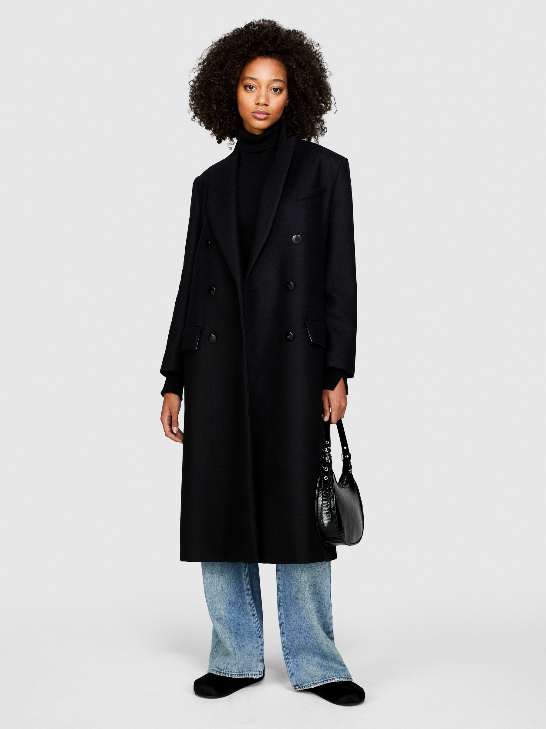 Sisley - Long Double-breasted Coat, Woman, Black, Size: 44