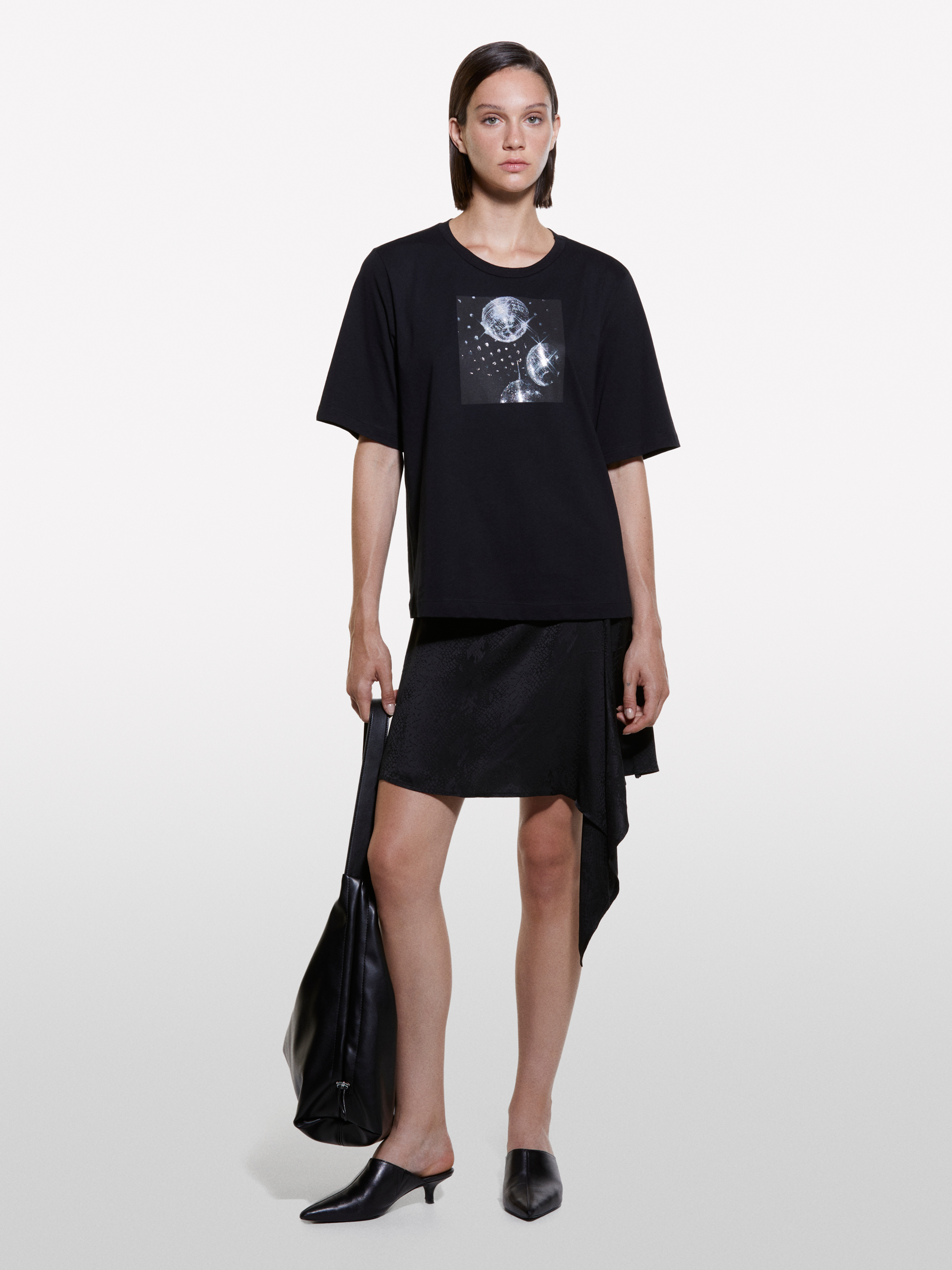 Sisley - T-shirt Boy Fit En 100 % Coton Bio À Imprimé Disque, Femme, Noir, Taille: XS