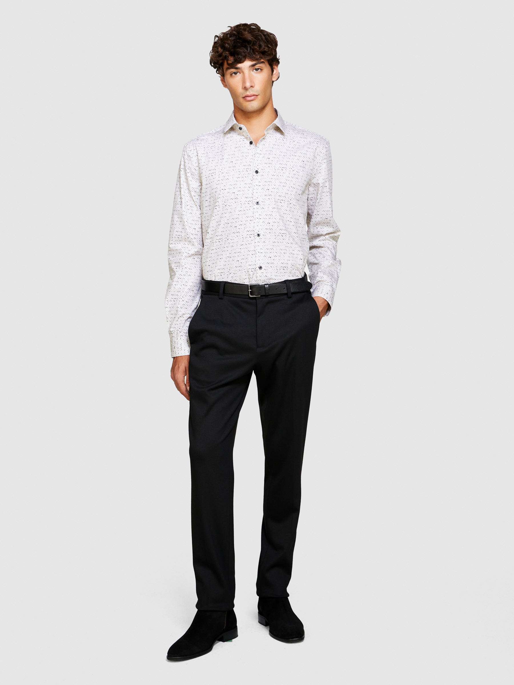 Sisley - Slim Fit Printed Shirt, Man, Creamy White, Size: 45
