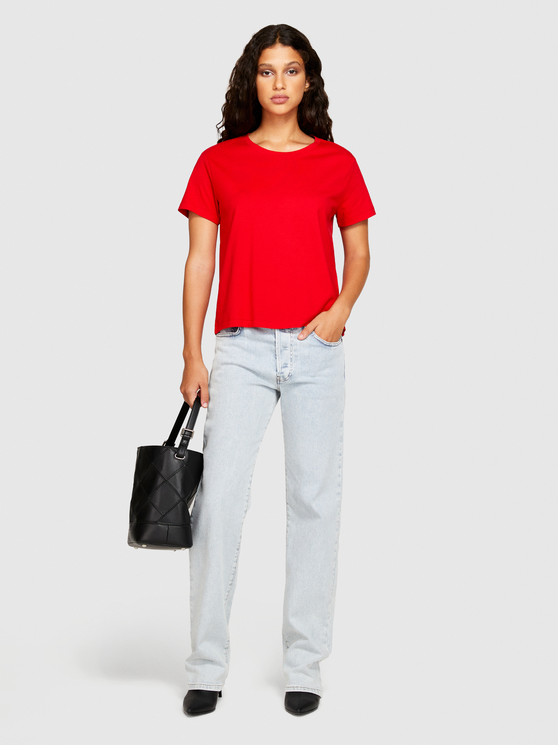 Sisley - Solid Color Boxy Fit T-shirt, Woman, Red, Size: L