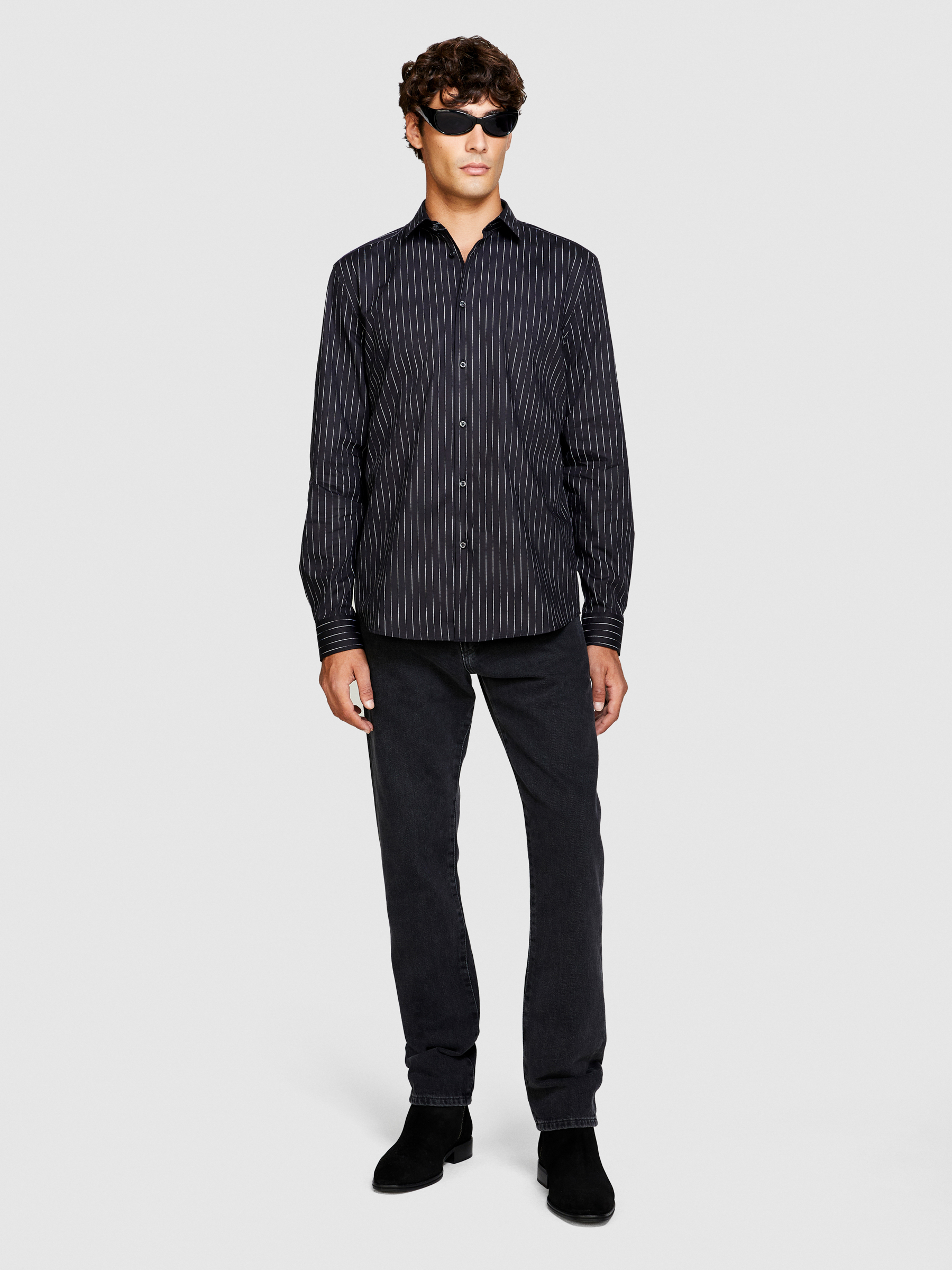Sisley - Slim Fit Printed Shirt, Man, Black, Size: 41
