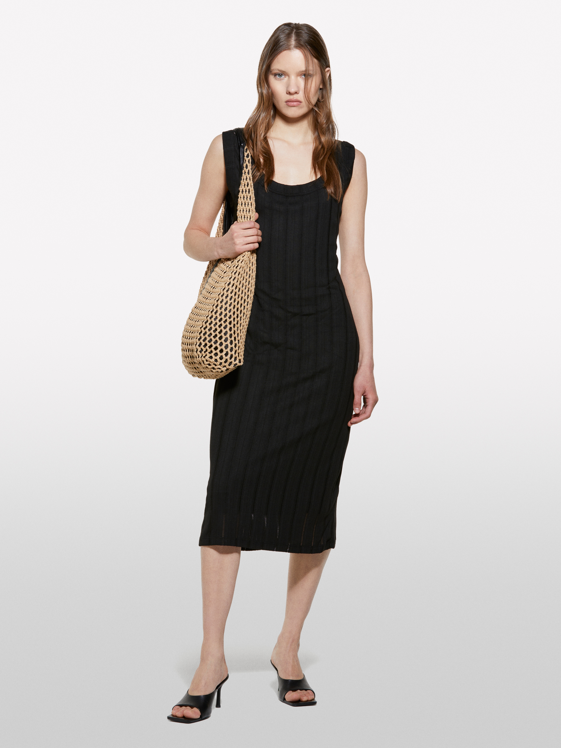 Sisley - Schwarzes Geripptes Kleid, Frau, Schwarz, Größe: L