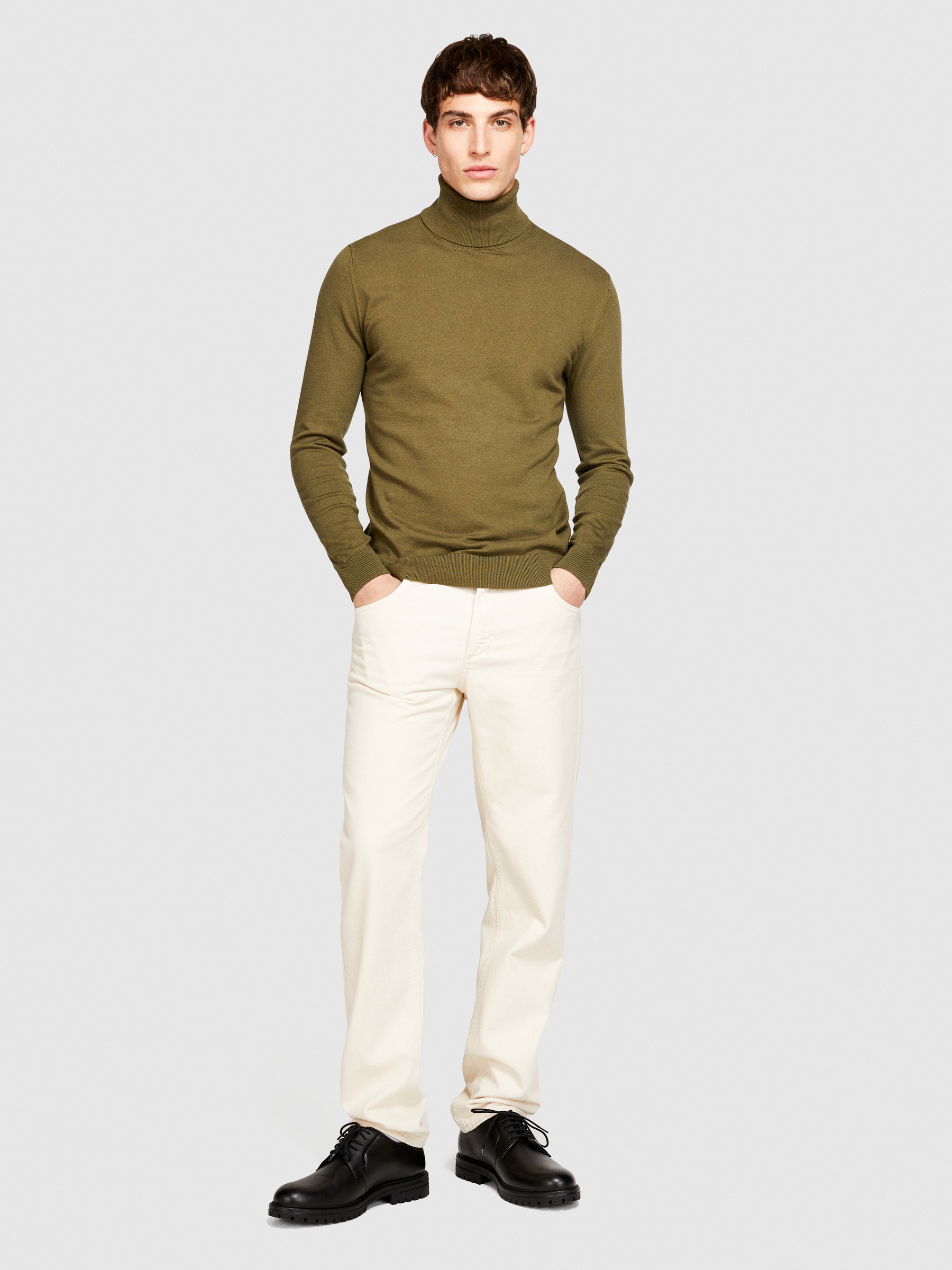 Sisley - Solid Colored Sweater With High Collar, Man, Military Green, Size: L