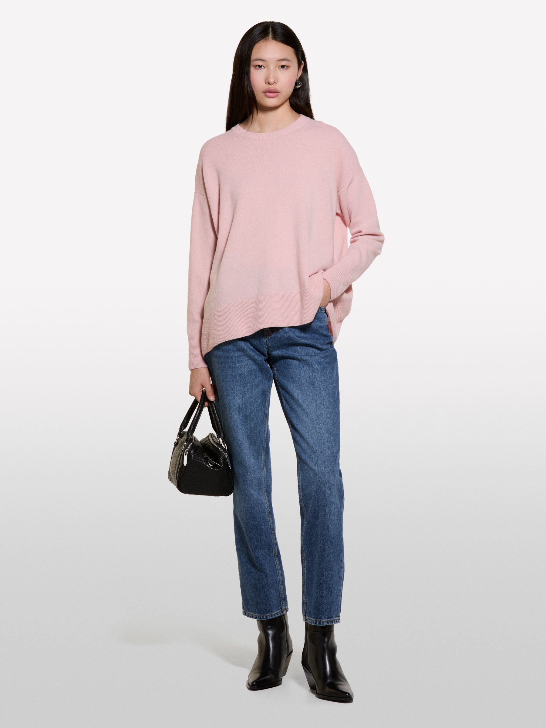 Sisley - Pull Rose Clair À Col Rond En Laine Mélangée, Femme, Rose Pâle, Taille: XS