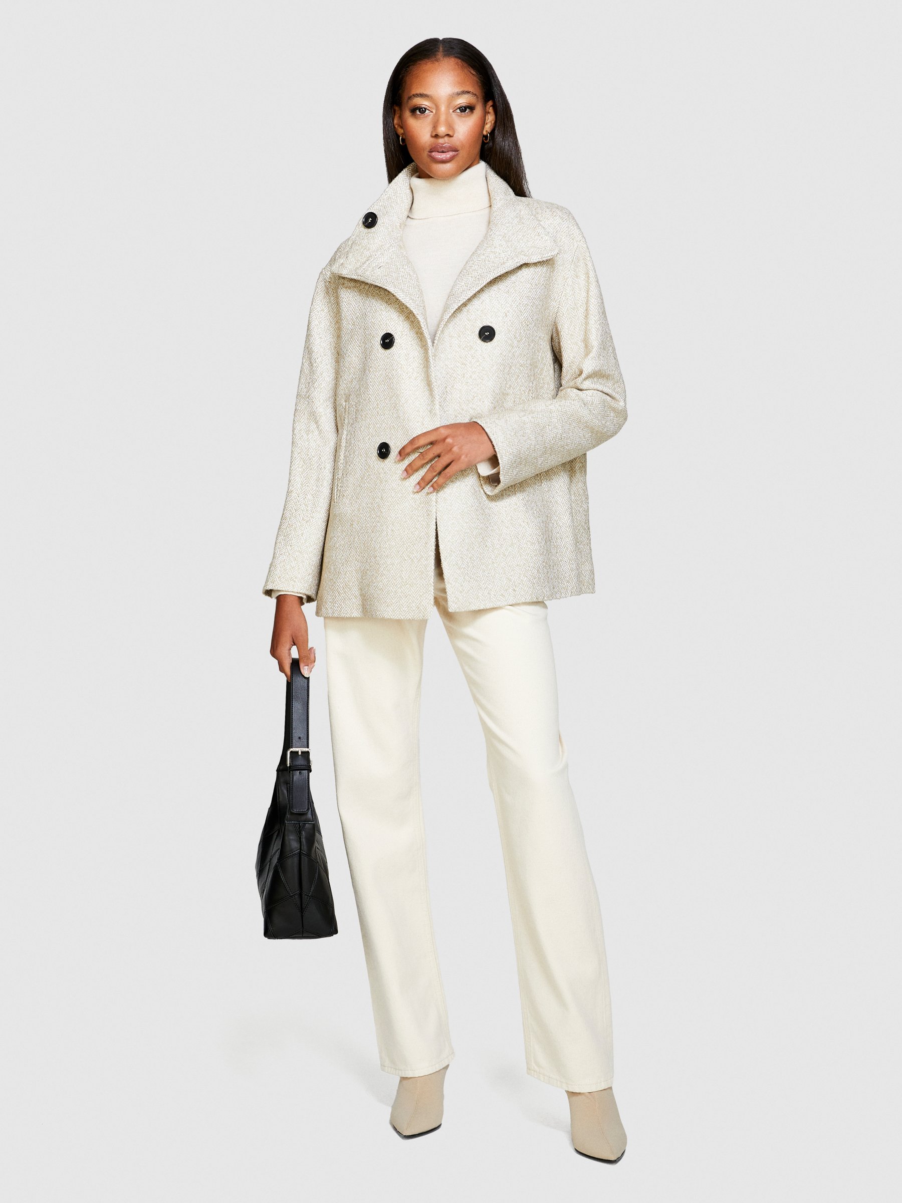 Sisley - Coat With High Collar, Woman, Creamy White, Size: 46