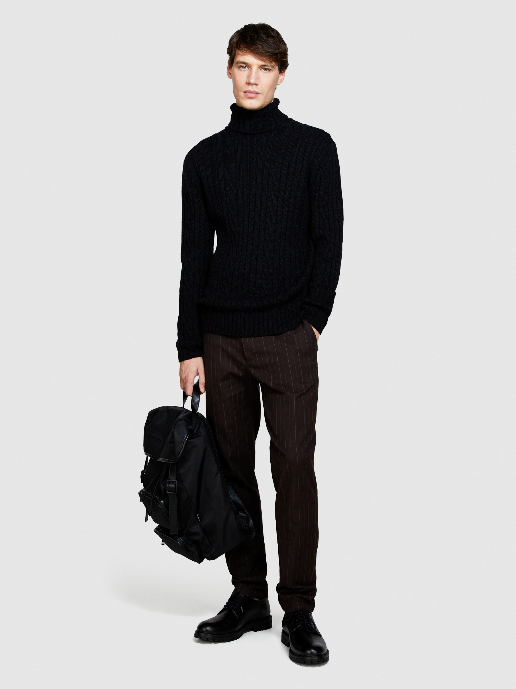 Sisley - Ribbed Cable Knit Sweater, Man, Black, Size: L