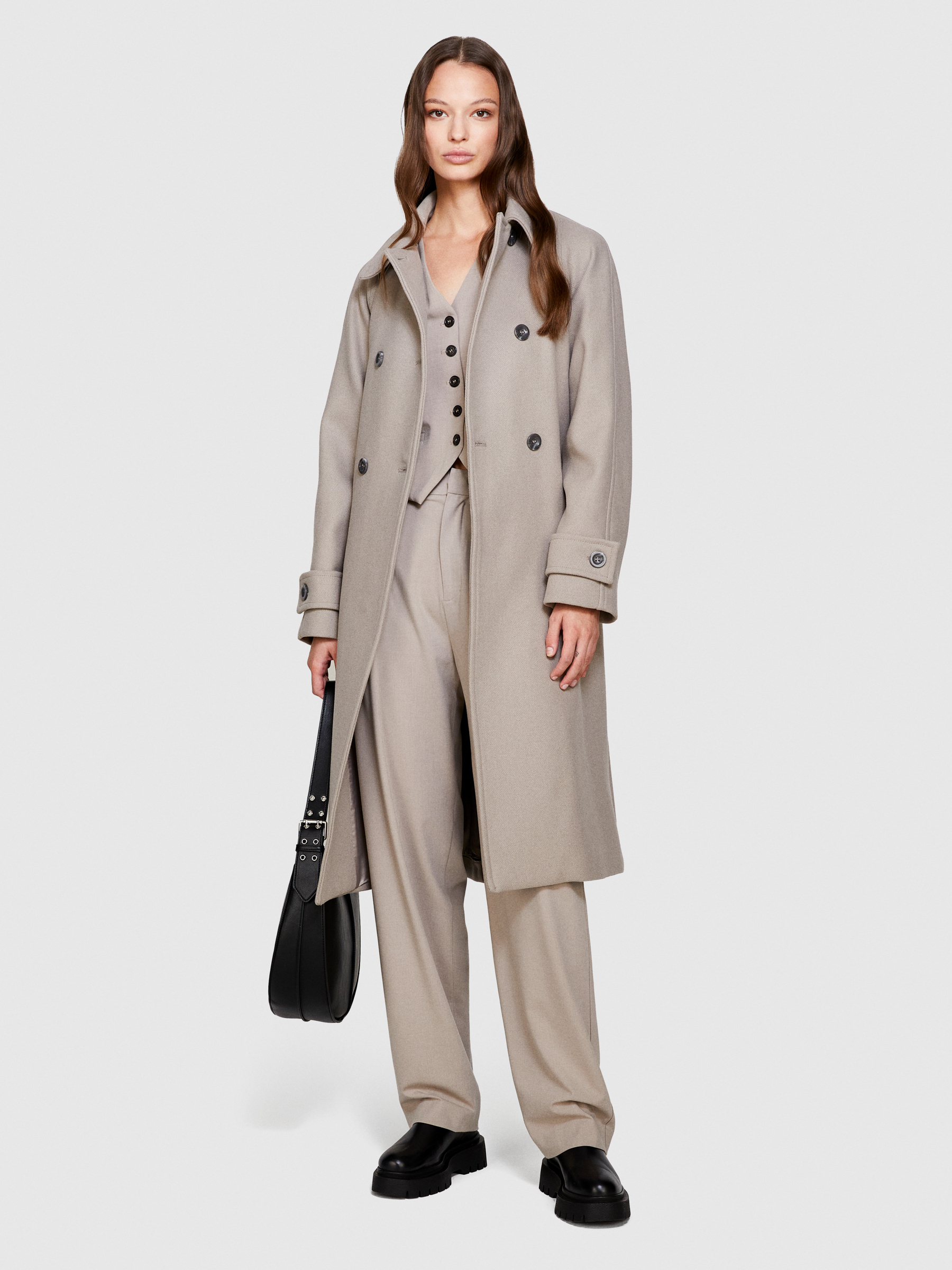 Sisley - Trench Coat In Wool Blend, Woman, Dove Gray, Size: 44