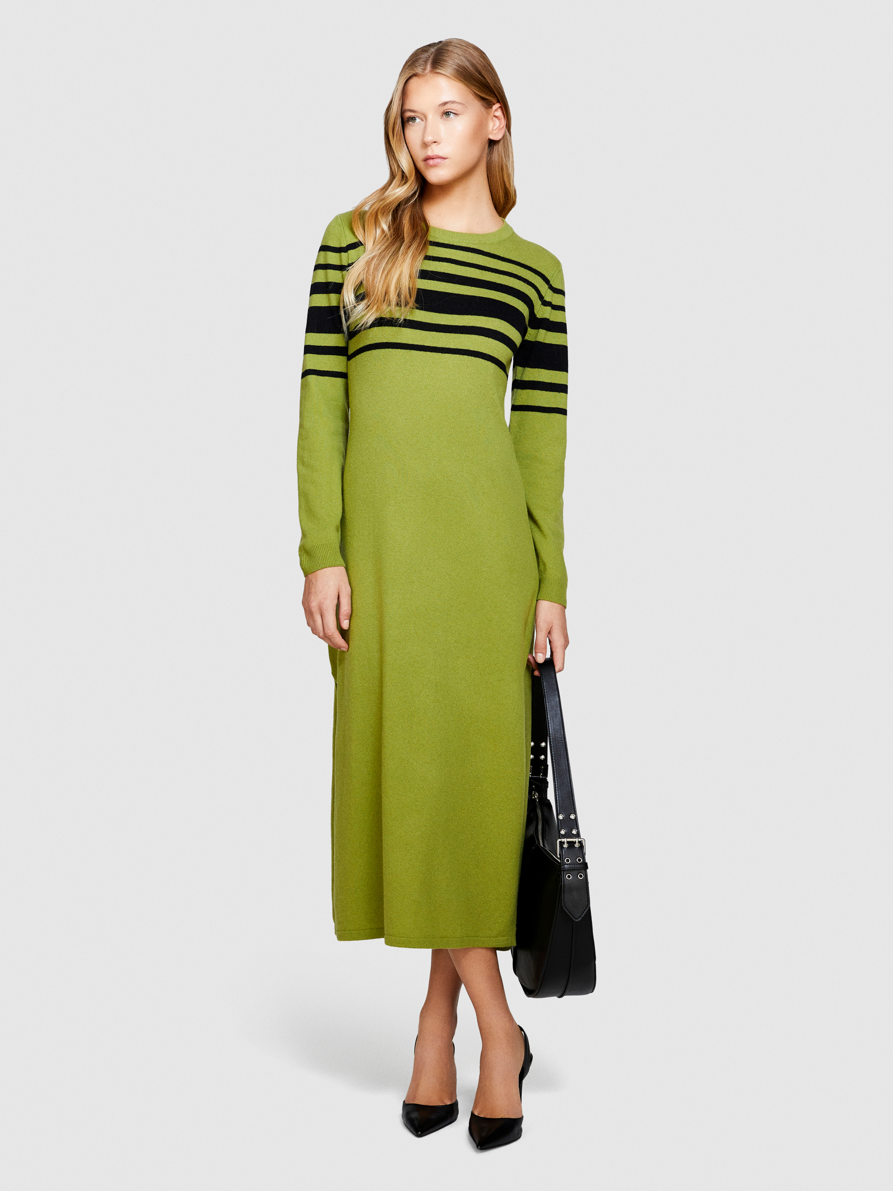 Sisley - Knit Dress With Stripes, Woman, Olive Green, Size: XS