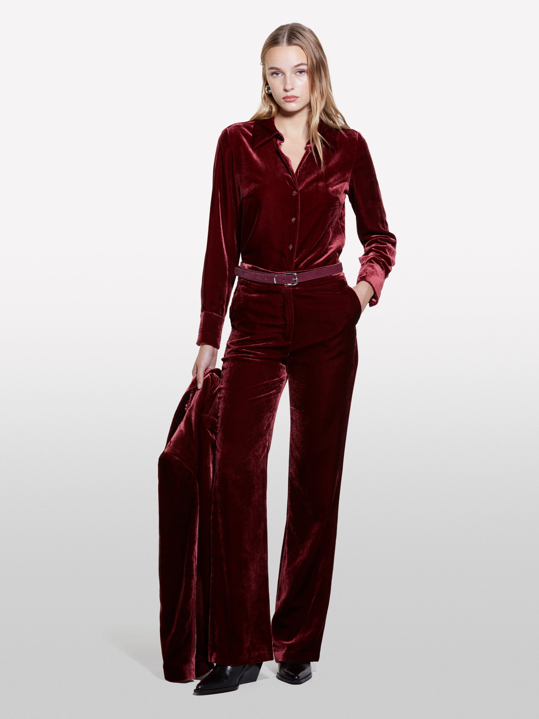 Sisley - Chemise Bordeaux En Velours, Femme, Bordeaux, Taille: XS